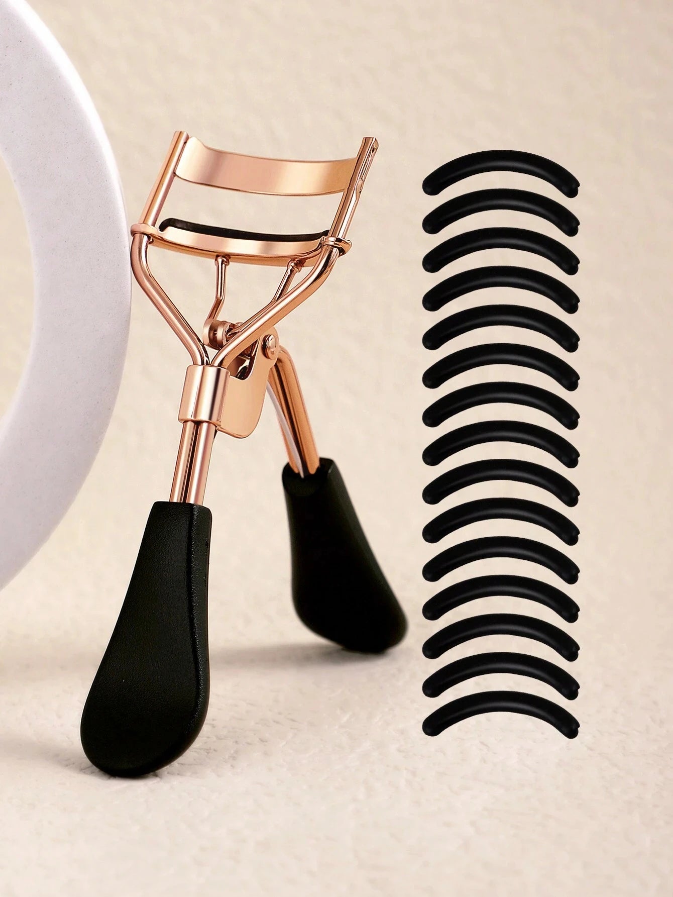 Eyelash Curler and 15 Silicone Pads, Portable Stainless Steel Gold Eyelash Curler